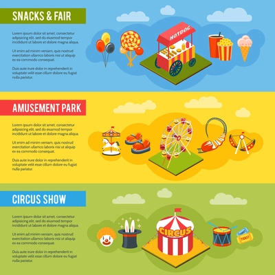 Chapiteau circus in amusement fair park with snacks 3 vertical flat banners set abstract isolated vector illustration