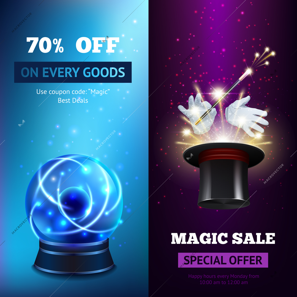 Magic banners vertical set with crystal sphere and magician hat isolated vector illustration