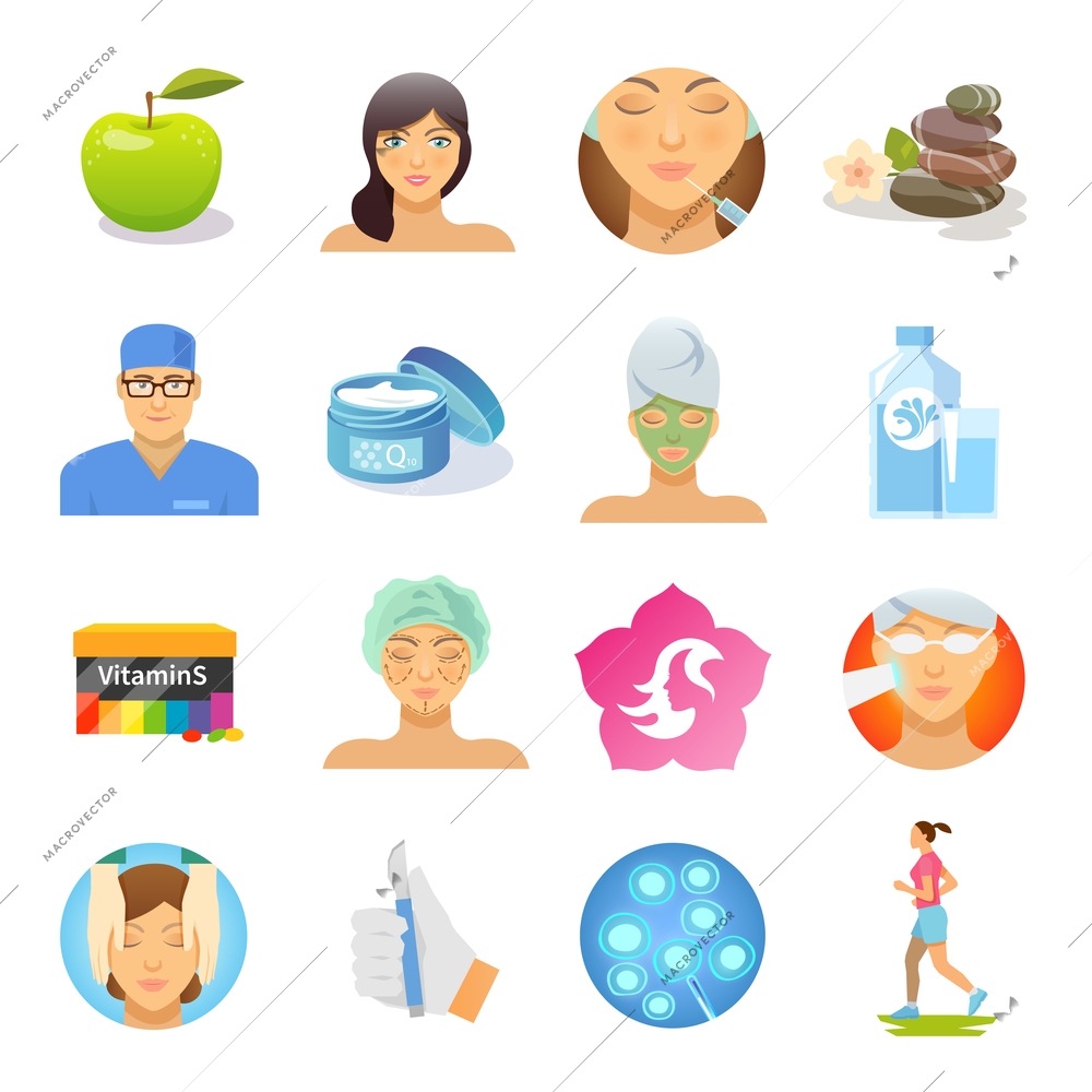 Rejuvenation and skin care flat icons set isolated vector illustration