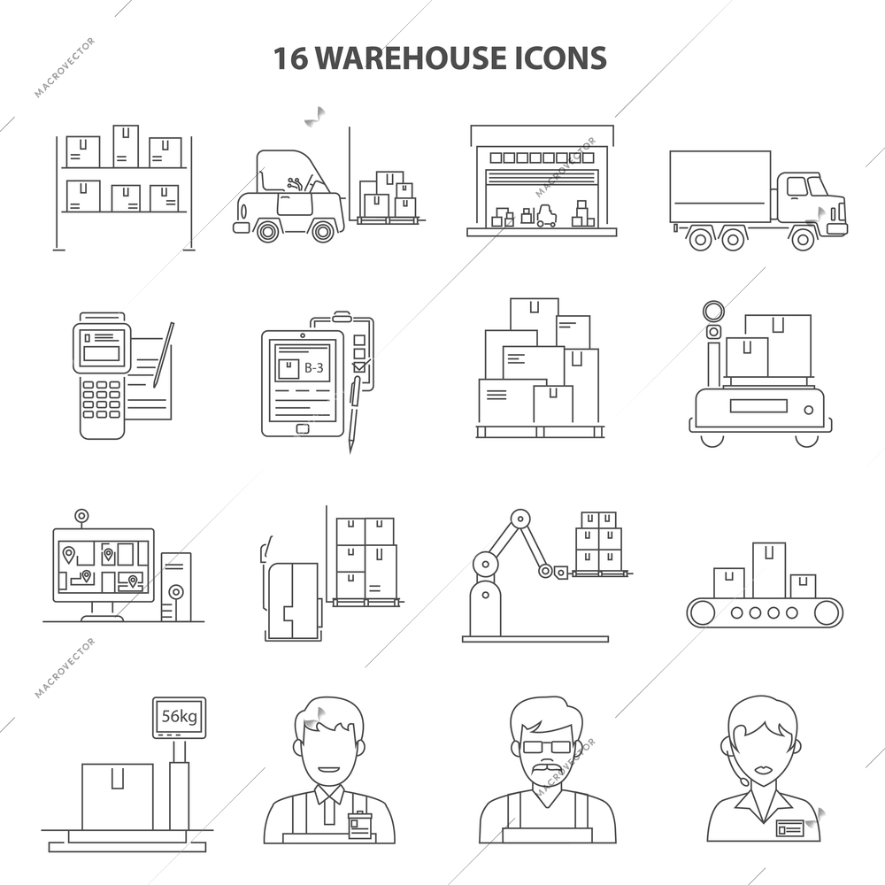 Warehouse shipment and delivery icons outline set isolated vector illustration