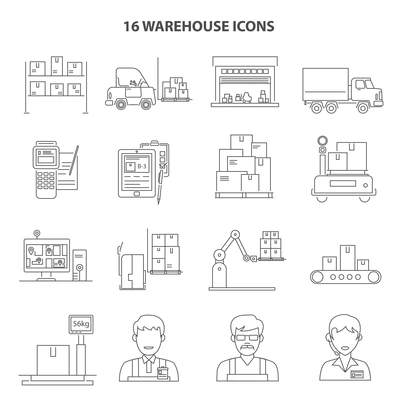 Warehouse shipment and delivery icons outline set isolated vector illustration