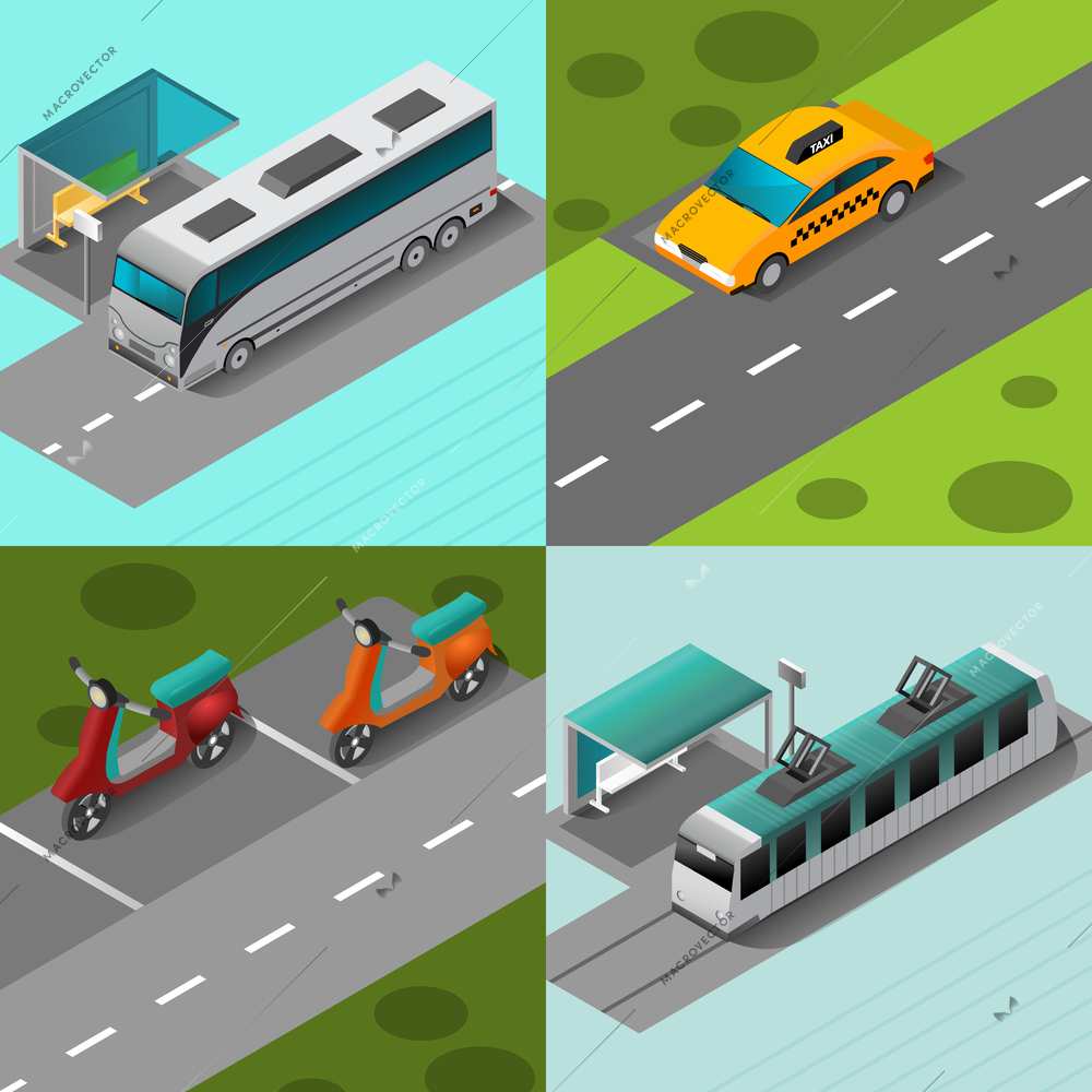 Public transport design concept set with isometric vehicles on stops isolated vector illustration