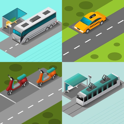 Public transport design concept set with isometric vehicles on stops isolated vector illustration