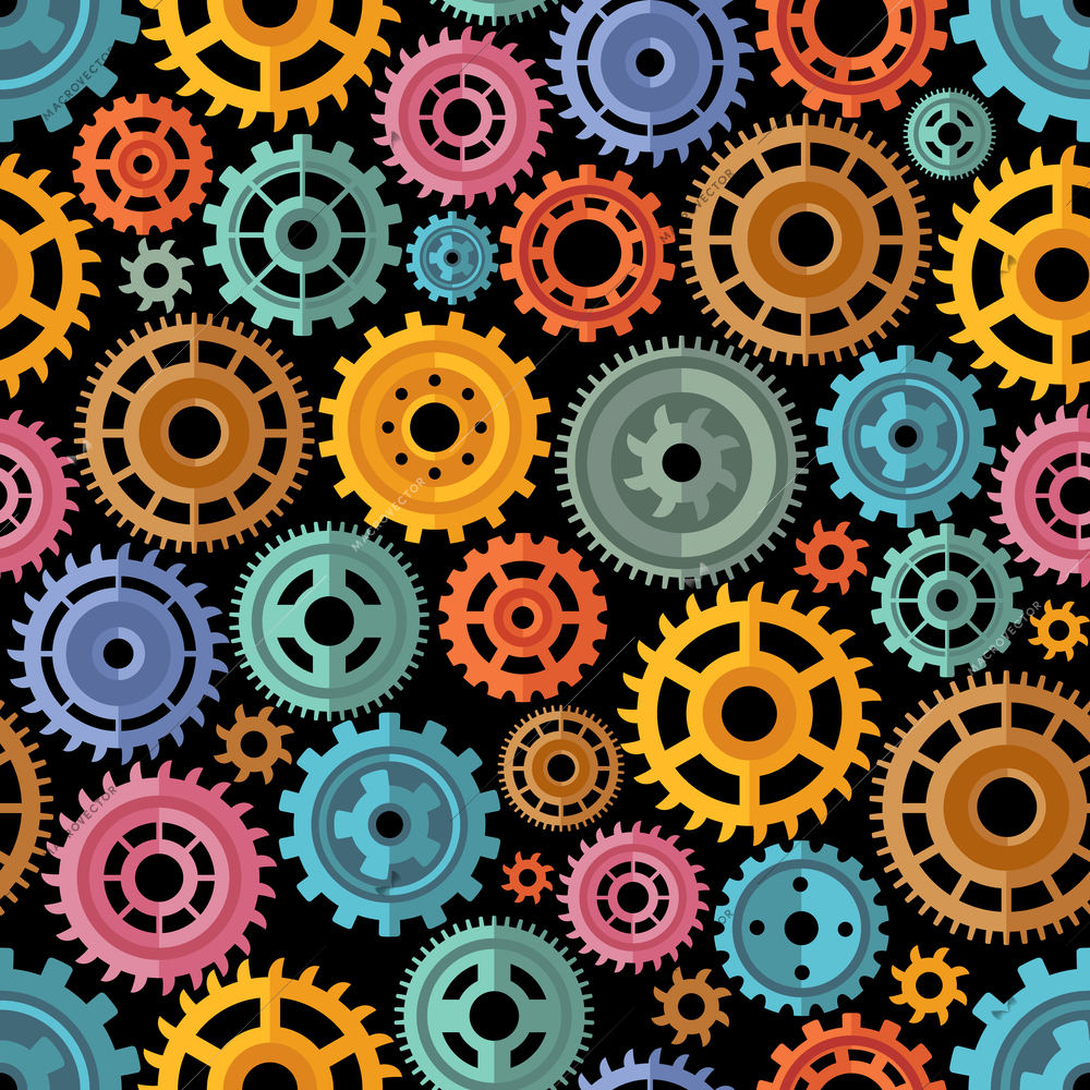 Various flat style color gears pattern on the black background vector illustration