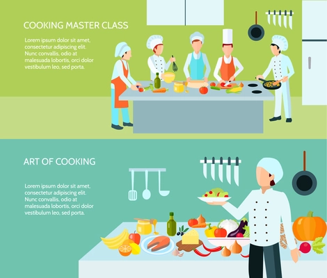 Cooking master class and art of culinary flat color banner set isolated vector illustration