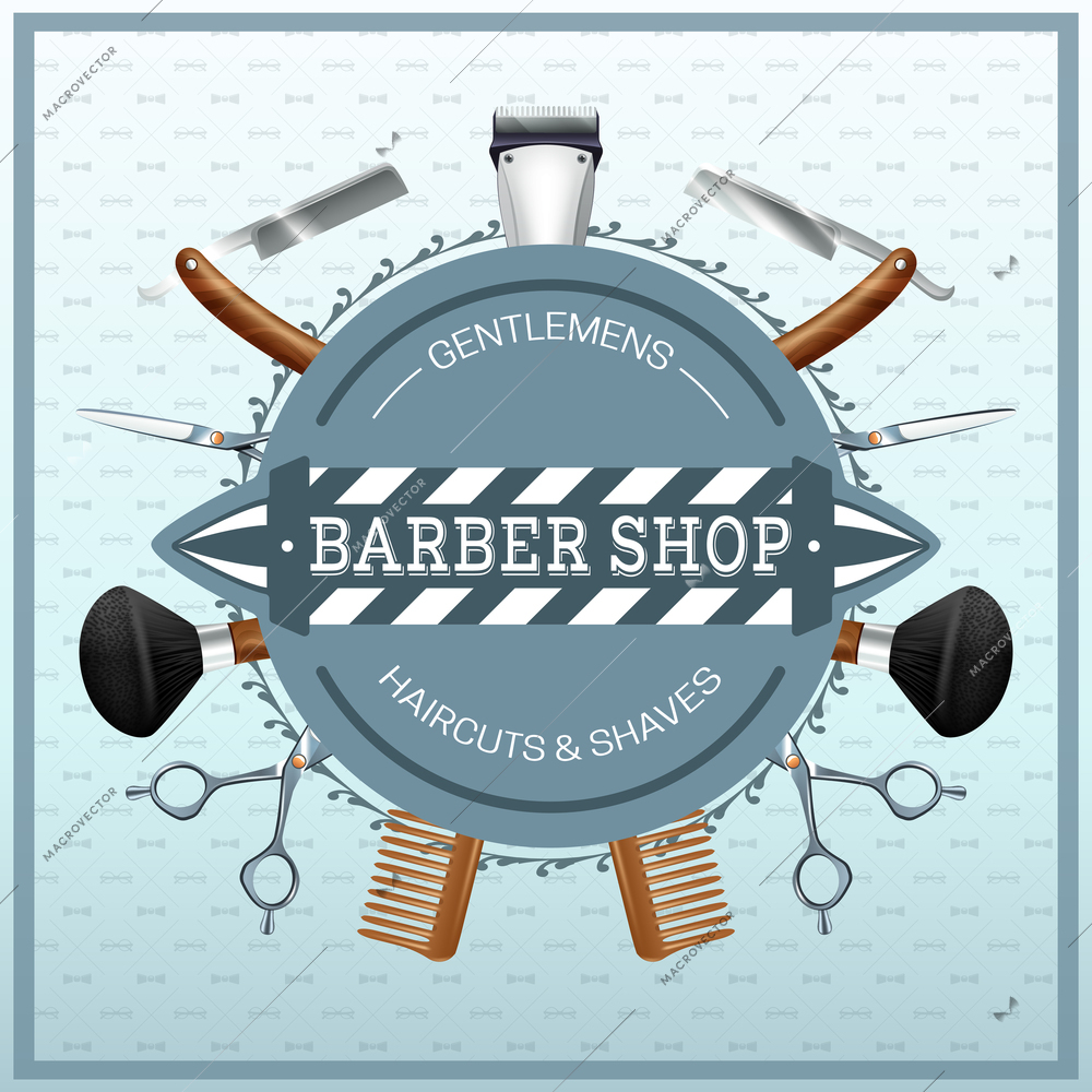 Barber shop label with hairdresser accessories razors scissors combs realistic color concept vector illustration