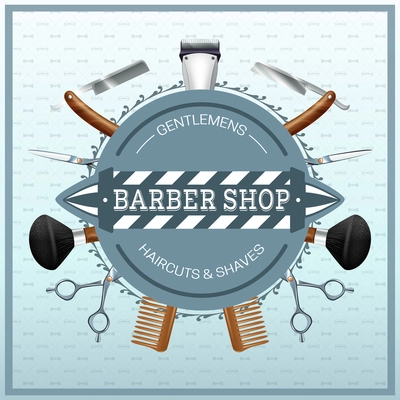 Barber shop label with hairdresser accessories razors scissors combs realistic color concept vector illustration