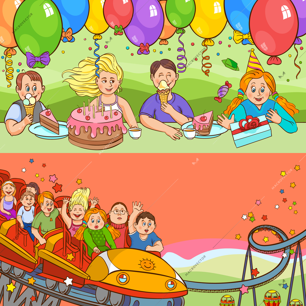 Child birthday holiday with cakes gifts balloons and attraction color cartoon horizontal banner set vector illustration
