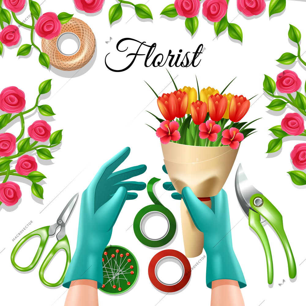 Flowers in bunch with florist equipment and tools tulip and rose colorful concept vector illustration