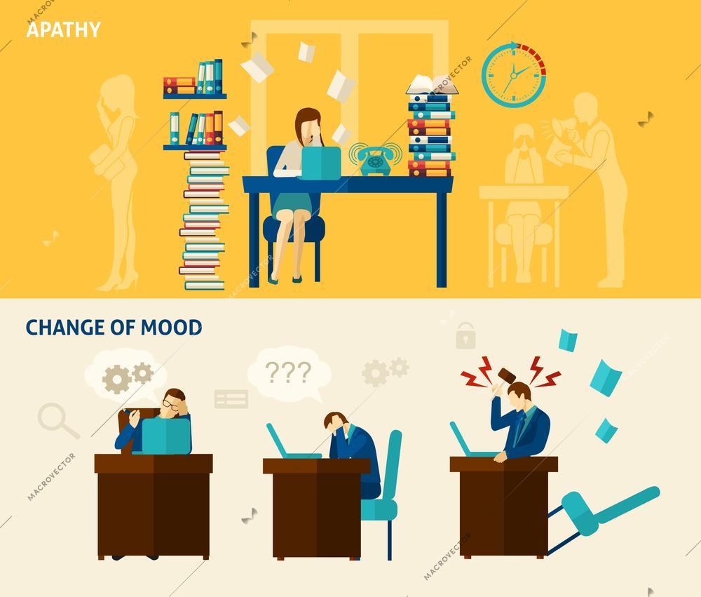 Frustration horizontal banner set with apathy and change of mood flat elements isolated vector illustration