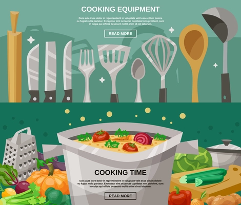 Cooking equipment and time horizontal banners set with kitchen utensils and vegetables flat isolated vector illustration