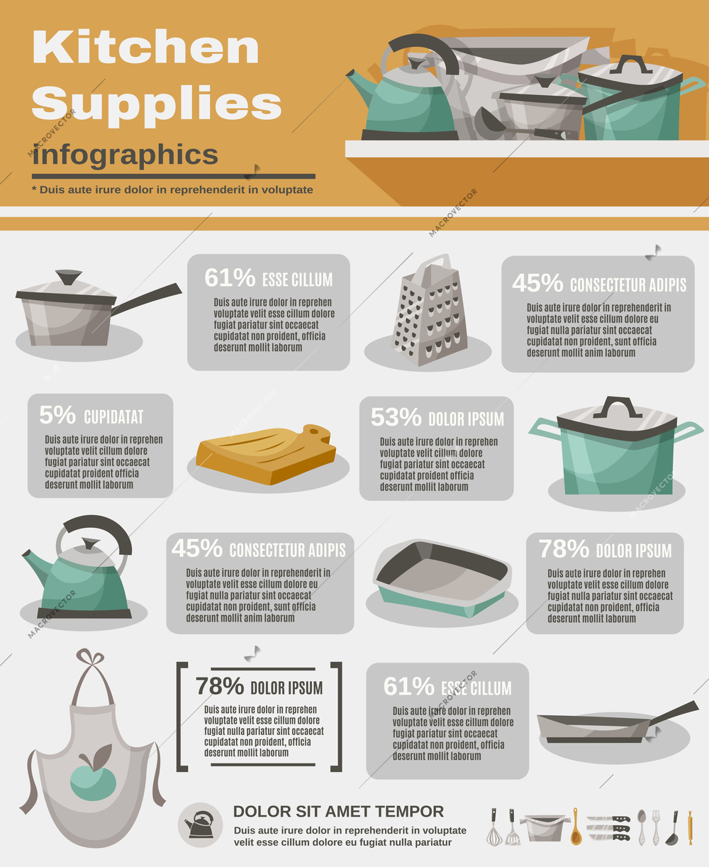 Kitchen stuff and utensils infographic set with apron saucepan spoon and fork flat vector illustration