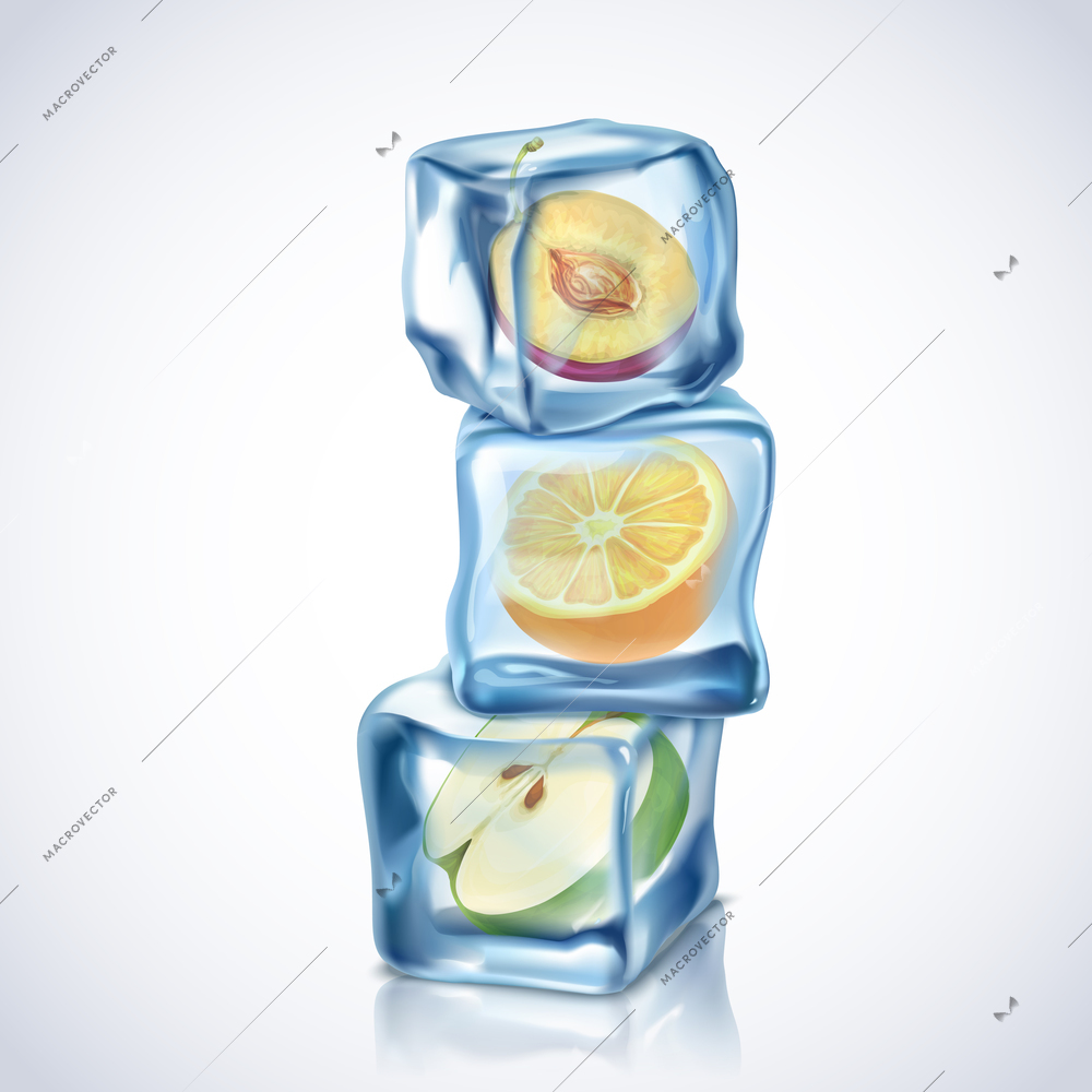 Realistic ice cubes with fruits inside on white background vector illustration