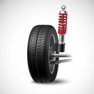 Car suspension realistic icon with wheel tire and shock absorber isolated on white background vector illustration