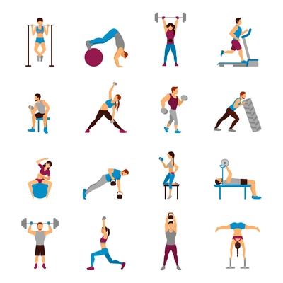 Strength training workout set with flat male and female sporty figures isolated vector illustration