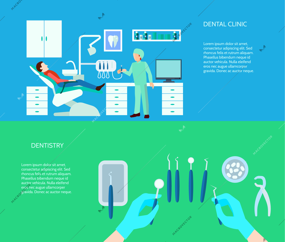 Dental tools doctor and clinic scene flat color horizontal banner set isolated vector illustration