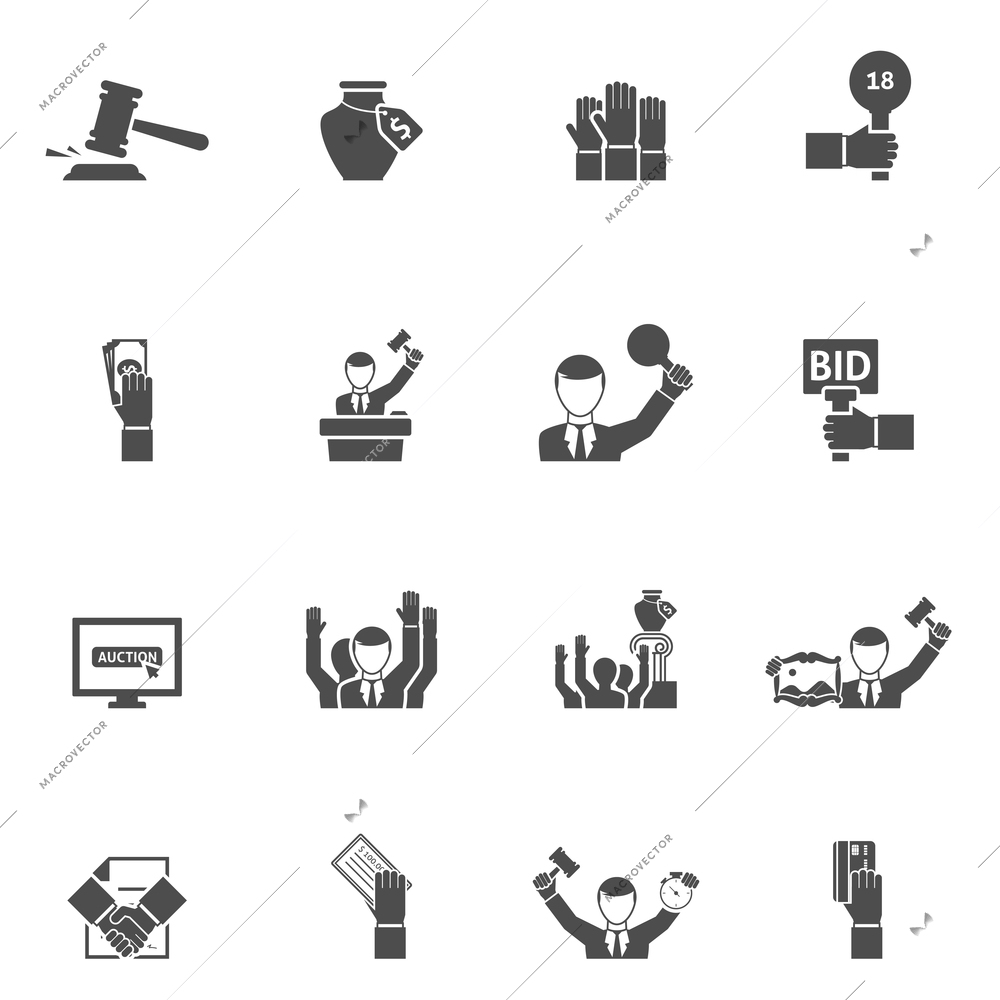 Auction black white icons set with bids internet vase and painting flat isolated vector illustration