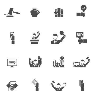 Auction black white icons set with bids internet vase and painting flat isolated vector illustration