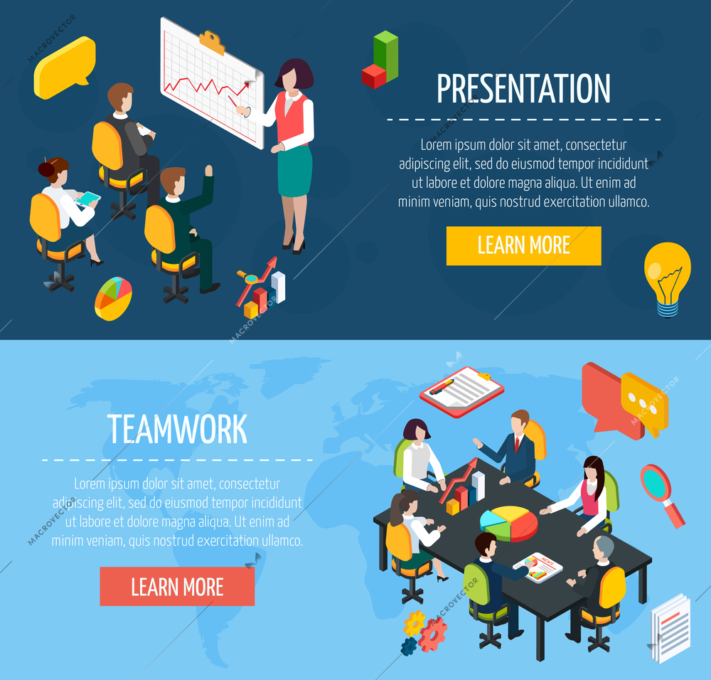 Business people teamwork and presentation interactive website isometric banners with learn more button abstract isolated vector illustration