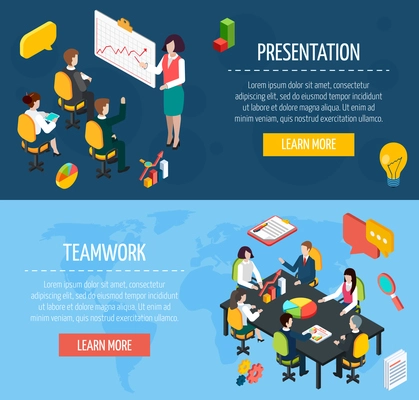Business people teamwork and presentation interactive website isometric banners with learn more button abstract isolated vector illustration