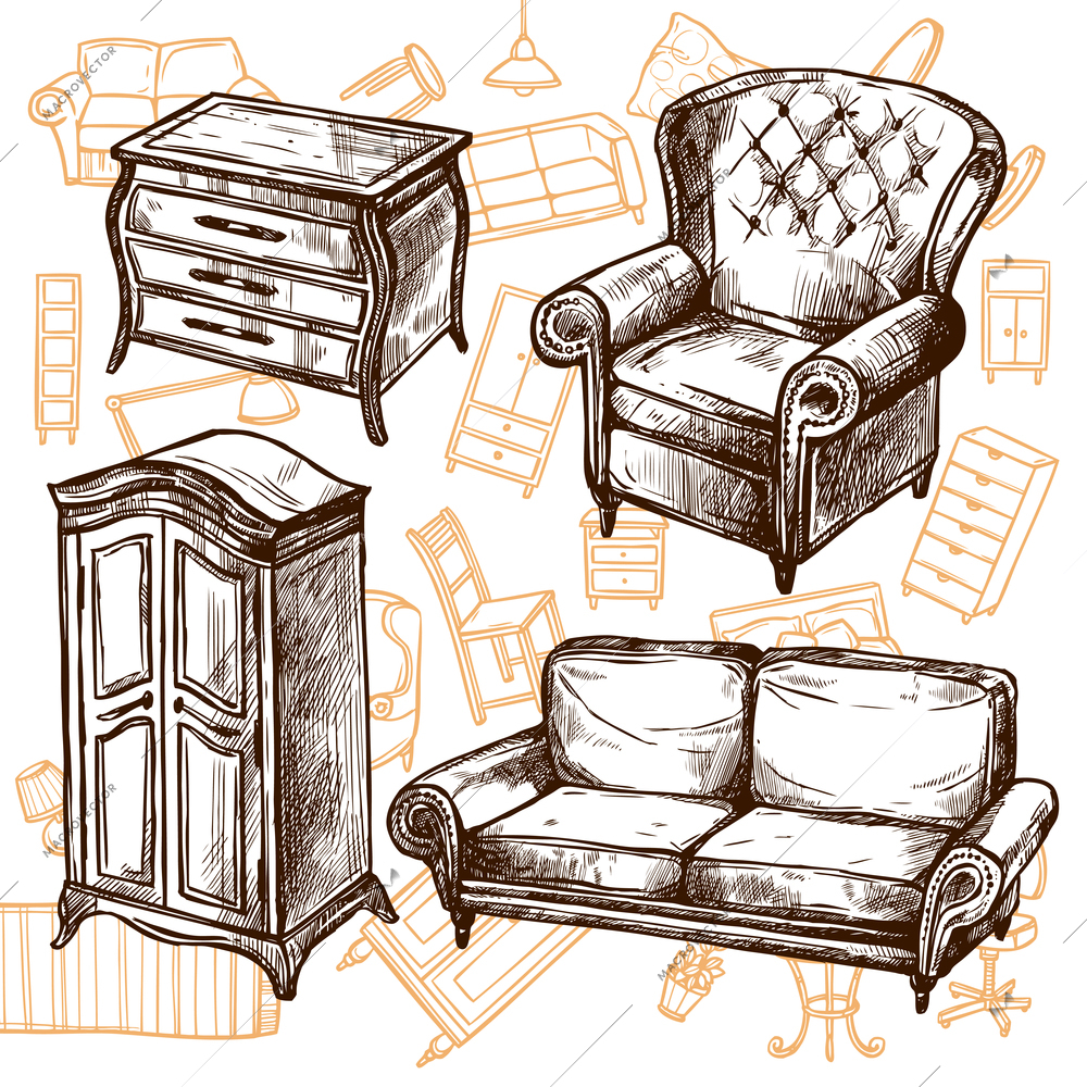 Vintage furniture chair sofa cabinet and dresser doodle sketch hand drawn concept vector illustration