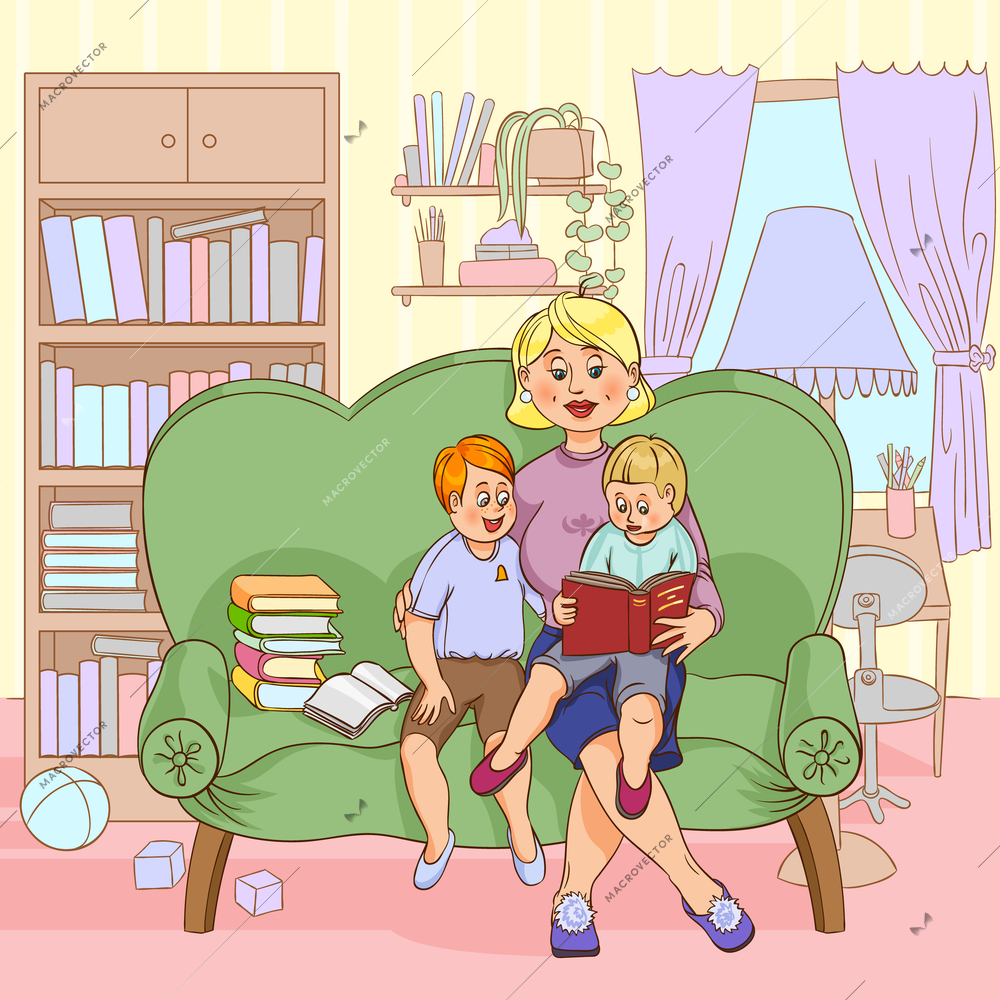 Mother with children reading books together family leisure cartoon color paint vector illustration