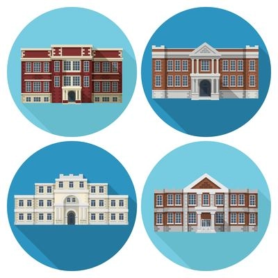 High and primary school building flat icons set isolated vector illustration