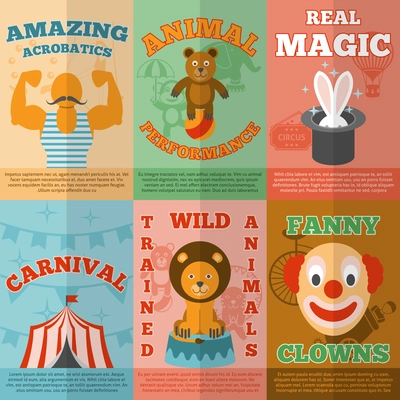 Amazing travelling circus magic performance announcement flat icons composition banner with funny clown abstract vector isolated illustration