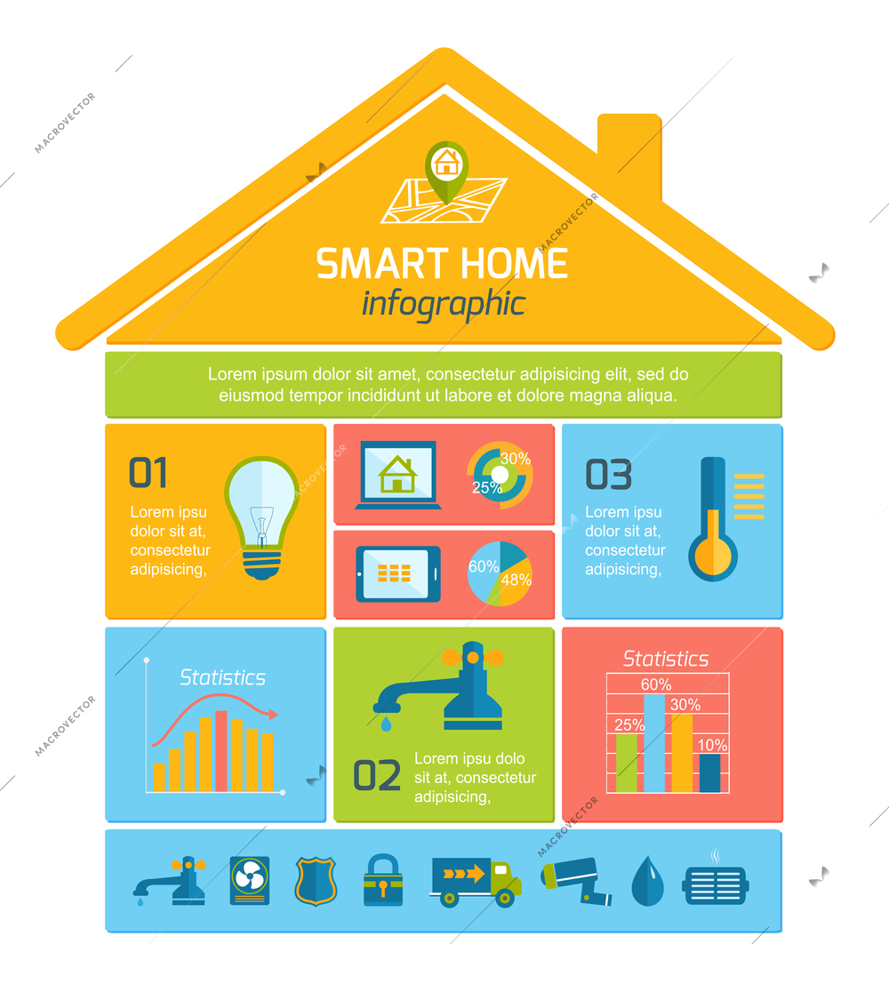 Smart home automation technology infographics utilities icons and elements with graphs and charts design layout vector illustration