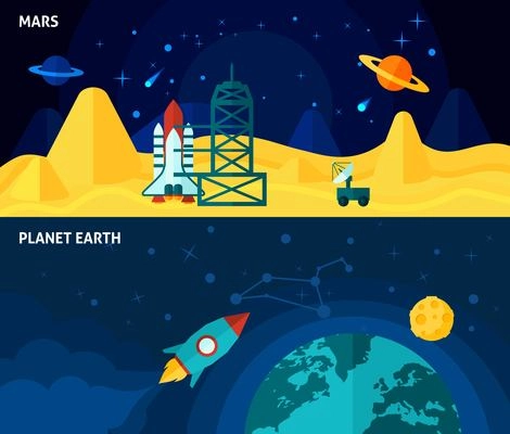 Space horizontal banner set with flat planet earth and mars scapes isolated vector illustration