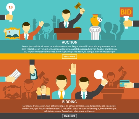 Auction and bidding horizontal banners set with hands and money flat isolated vector illustration