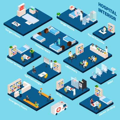 Isometric hospital interior with 3d health care personnel isometric vector illustration