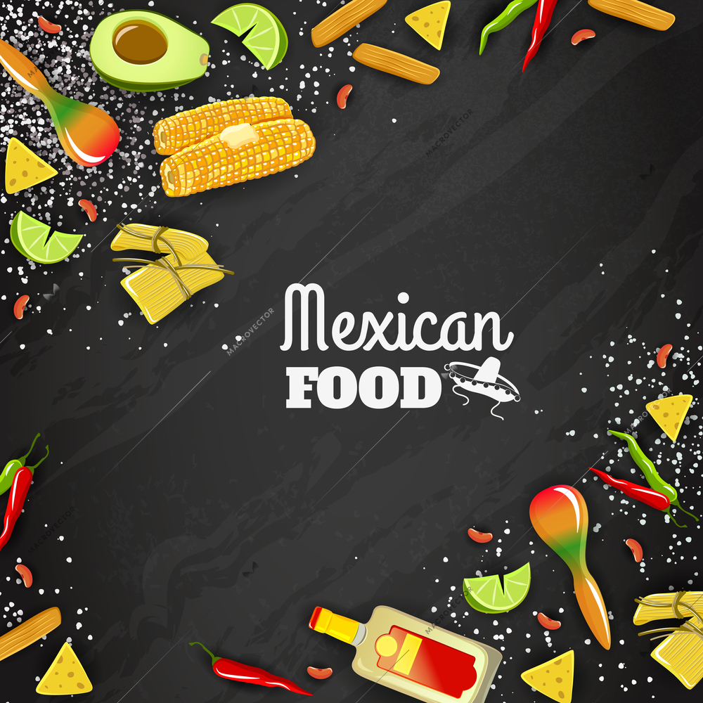 Mexican national cuisine and traditional food text bright color background poster vector illustration