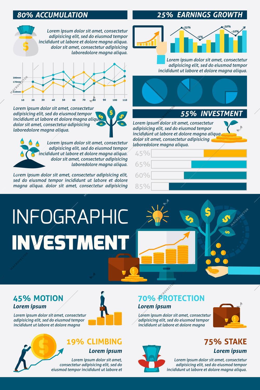 Investment statistic grows climbing motion and stake protection or accumulation flat color infographics vector illustration