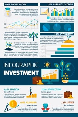 Investment statistic grows climbing motion and stake protection or accumulation flat color infographics vector illustration