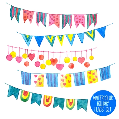 Water color holiday flags and garlands set isolated vector illustration