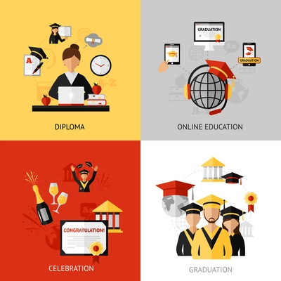 Graduation design concept set with diploma and online education flat icons isolated vector illustration