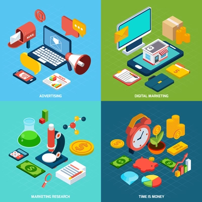 Digital marketing design concept set with advertising research isometric icons isolated vector illustration