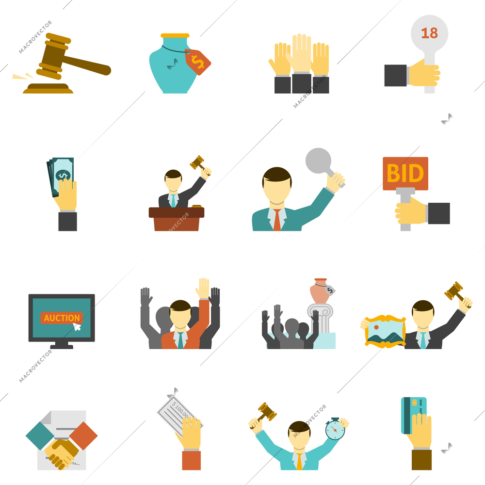 Auction icons set with hammer hands and money flat isolated vector illustration