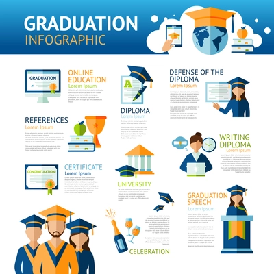 Graduation infographics set with students and education symbols vector illustration