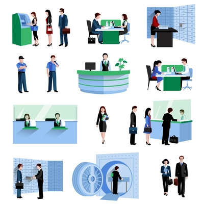 Bank people customers and staff decorative icons flat set isolated vector illustration