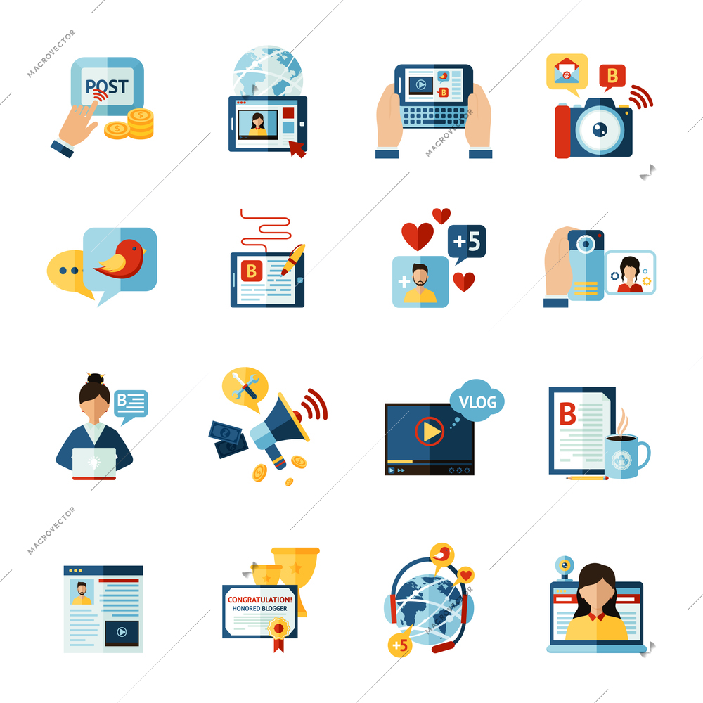 Social media web blogger flat icons set isolated vector illustration