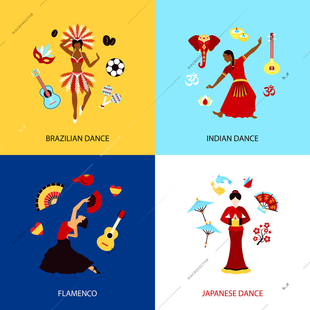 Woman dancing design concept set with brazilian indian japanese dance and flamenco isolated vector illustration