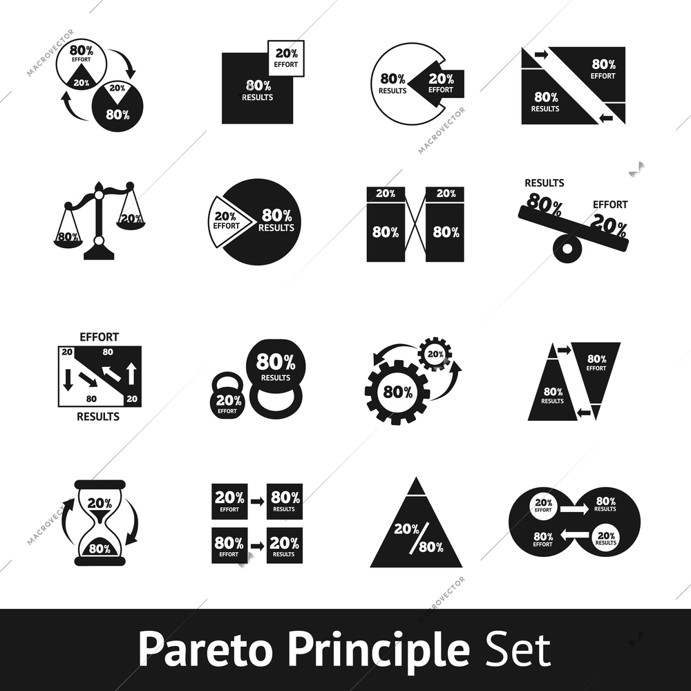 Pareto diagram black and white icons set isolated vector illustration