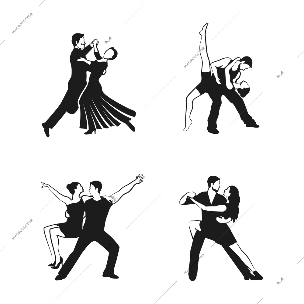 Dance icons set with black people silhouettes isolated vector illustration