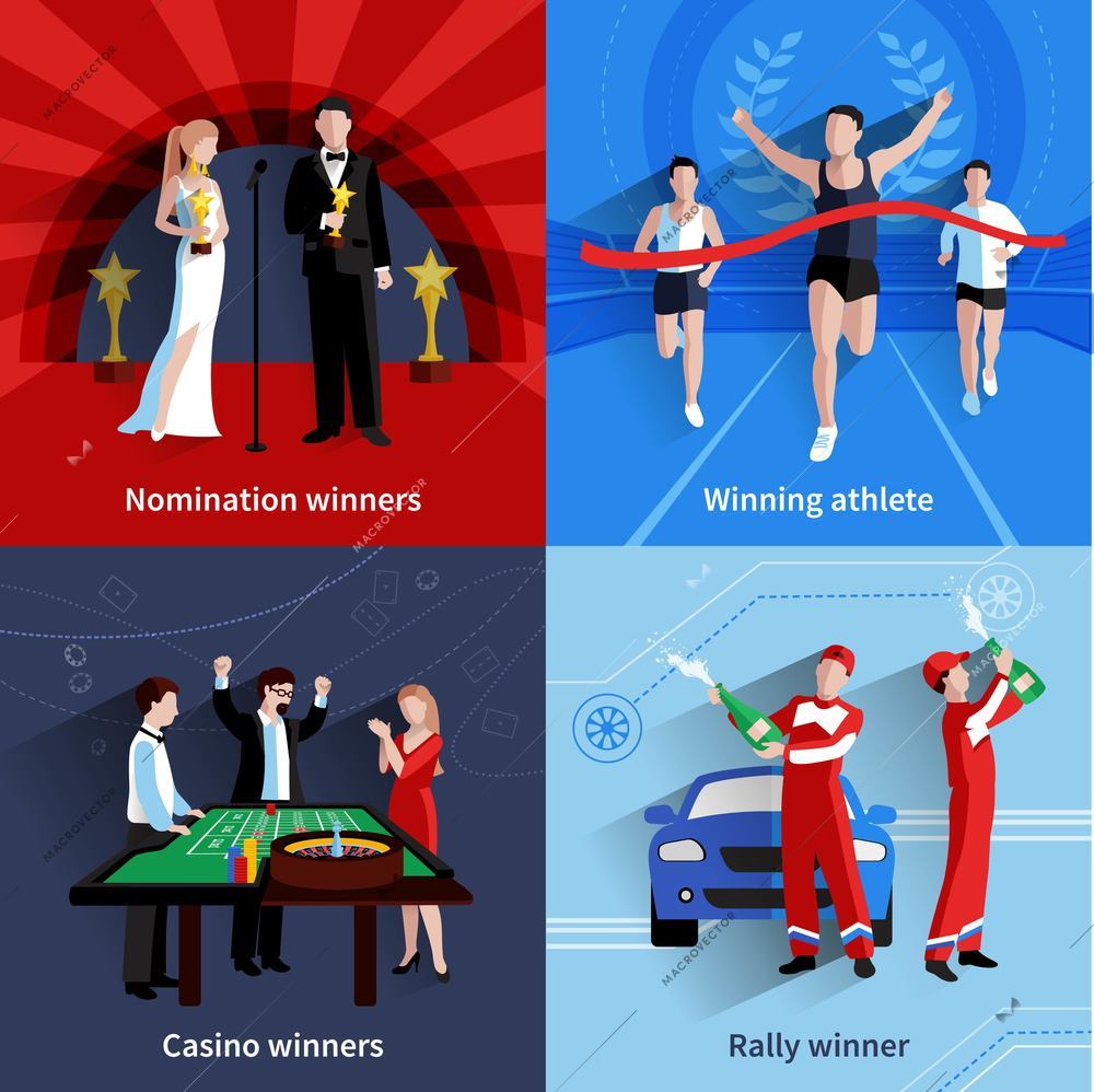 Winning and awards icons set with nomination athletes casino and rally flat isolated vector illustration