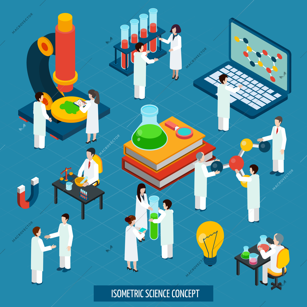Scientific research concept isometric composition of bio chemistry laboratory with laptop and microscope poster abstract vector illustration