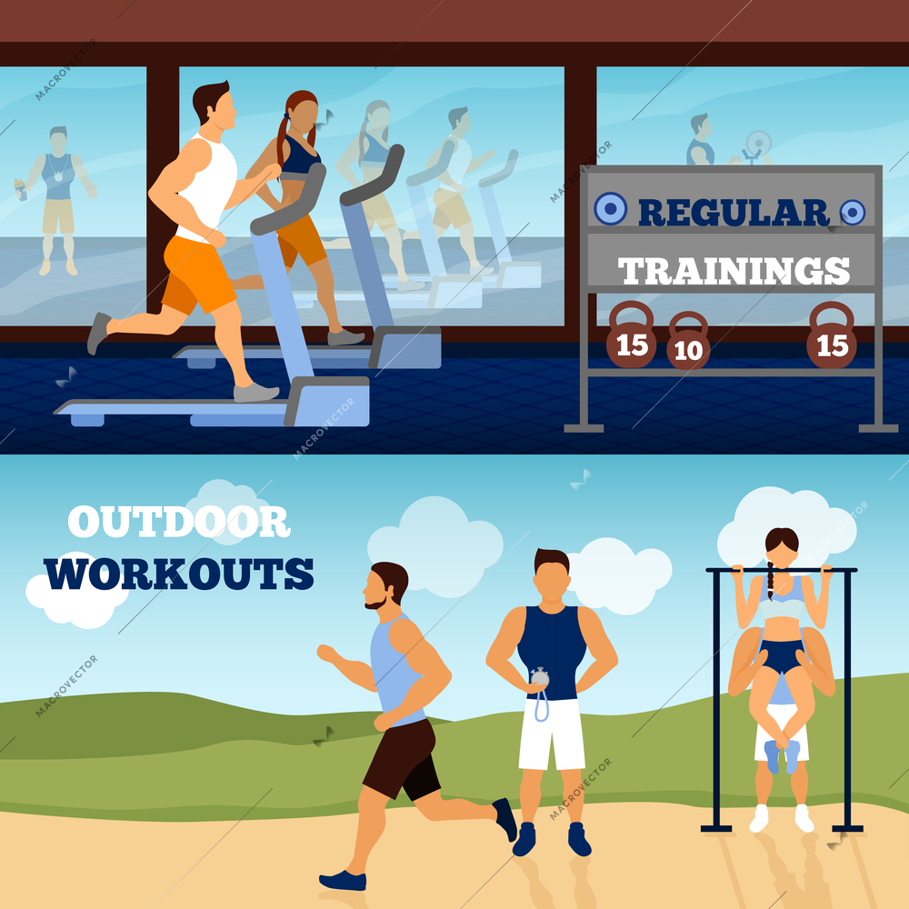 Trainer horizontal banner set with gym and outdoor workout isolated vector illustration