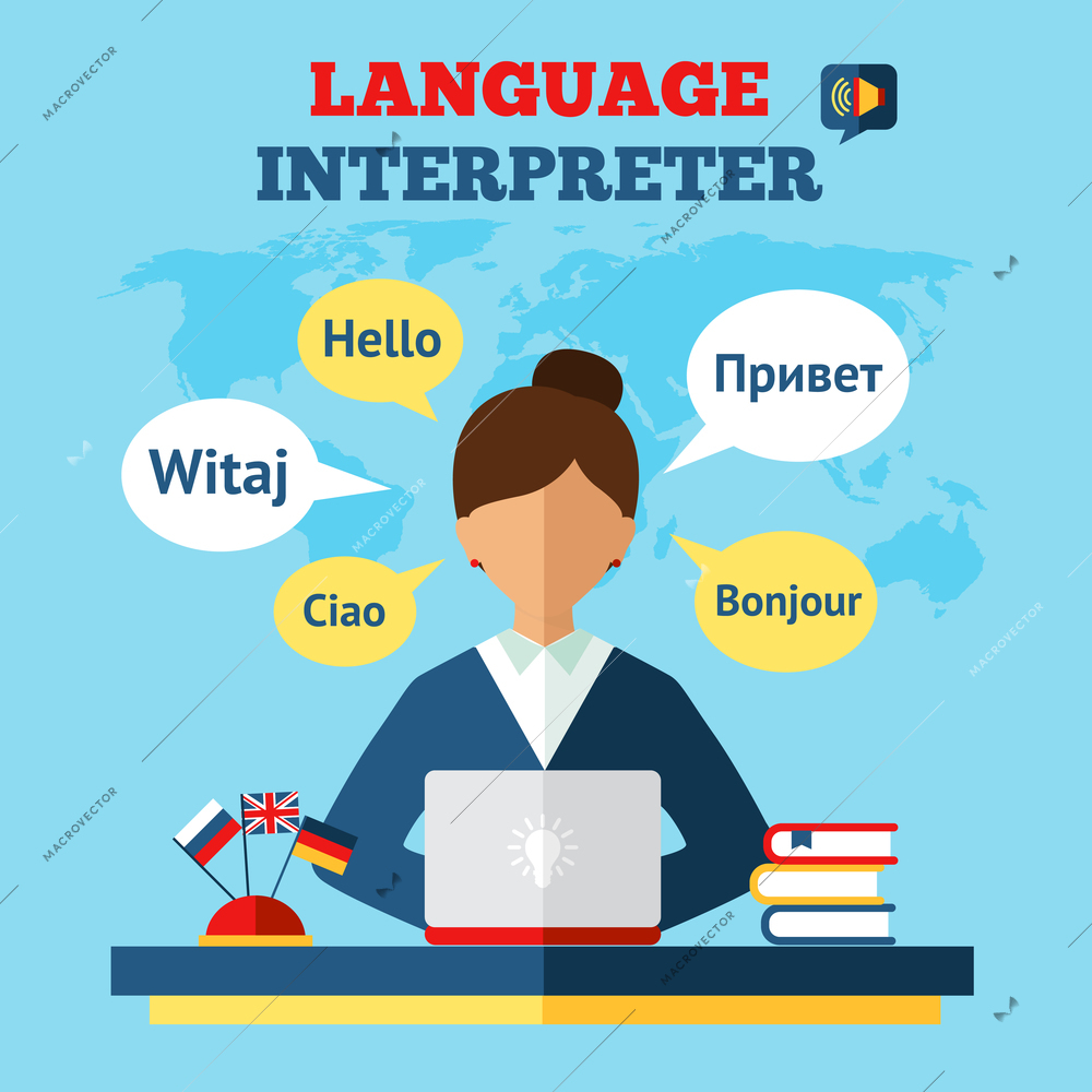 Language translator concept with woman sitting on table with laptop and world map on background flat vector illustration