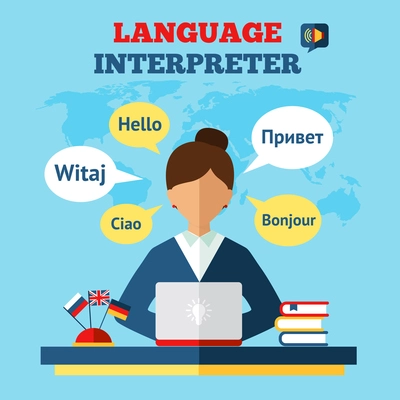 Language translator concept with woman sitting on table with laptop and world map on background flat vector illustration